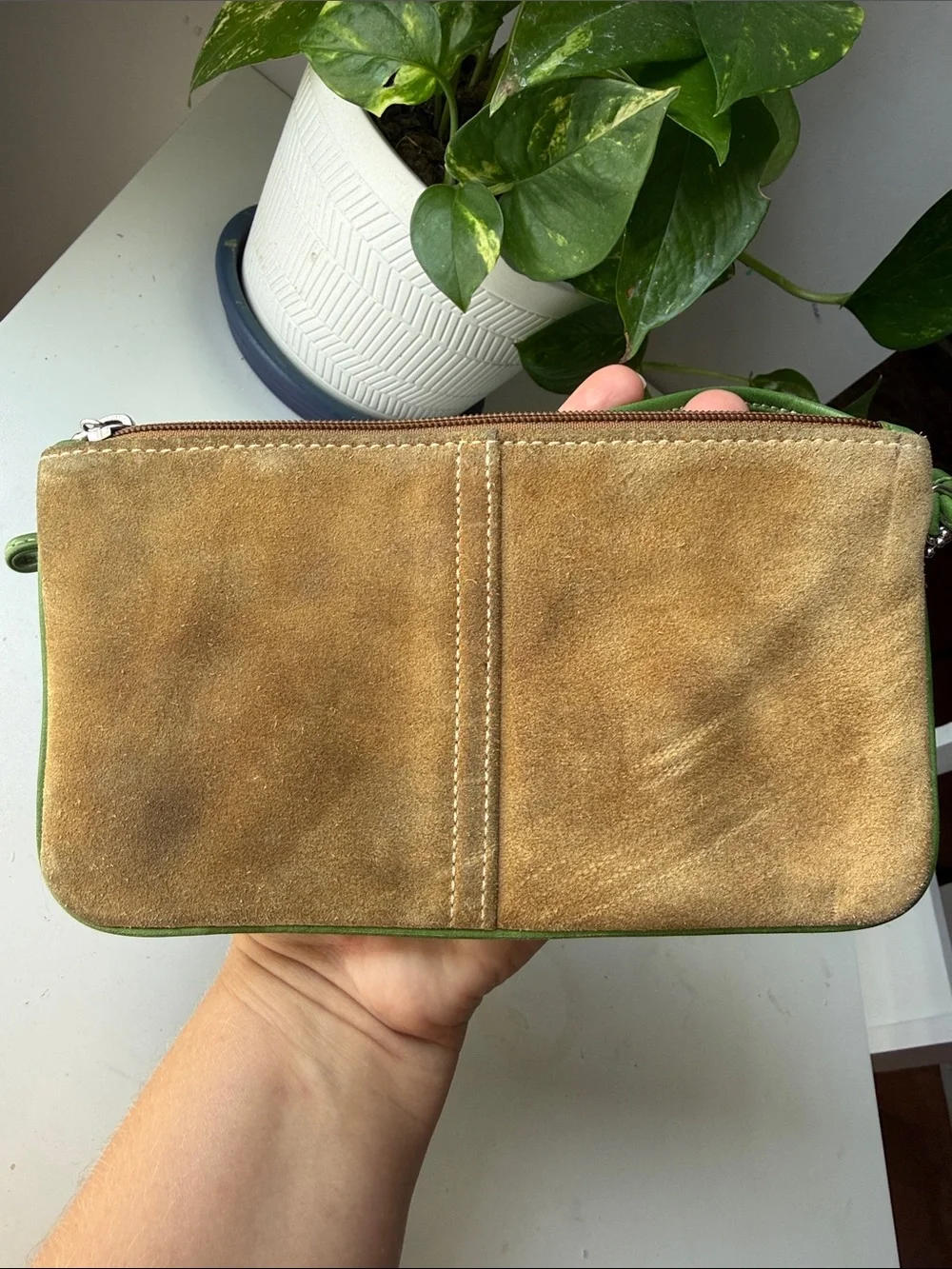 Coach Tan Suede Wristlet with Green Trim